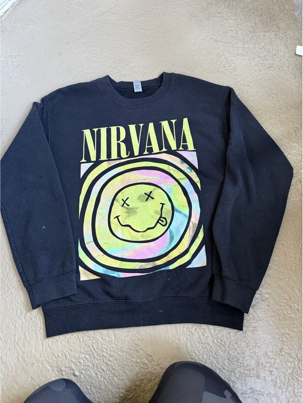 Nirvana Smiley Face Green Rainbow Sweatshirt | Merch 90s Sz Small